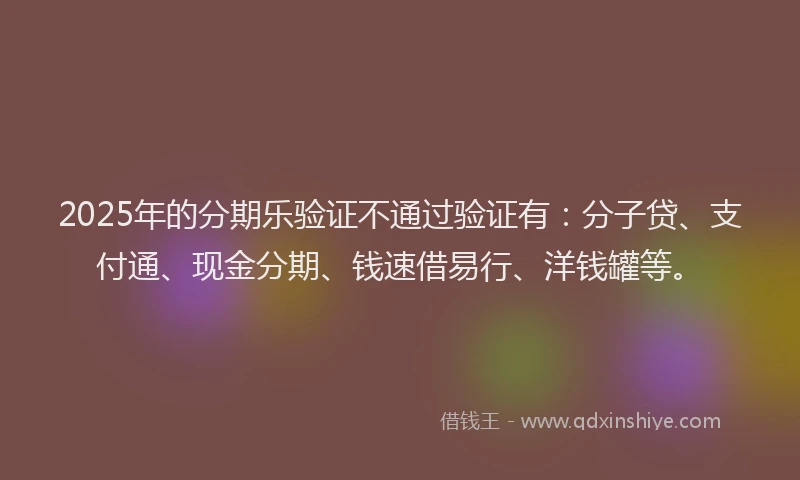 2025年的分期乐验证不通过验证有：分子贷、支付通、现金分期、钱速借易行、洋钱罐等。