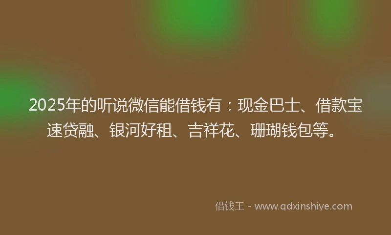 2025年的听说微信能借钱有：现金巴士、借款宝速贷融、银河好租、吉祥花、珊瑚钱包等。