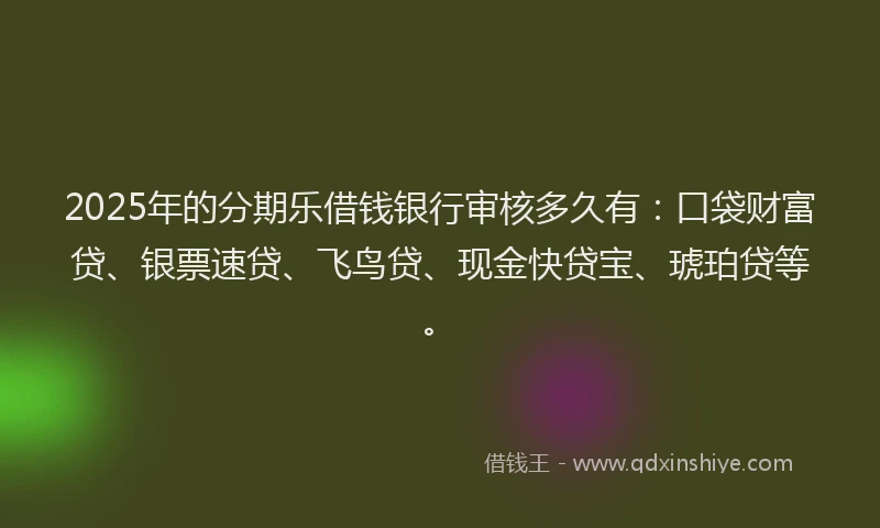 2025年的分期乐借钱银行审核多久有：口袋财富贷、银票速贷、飞鸟贷、现金快贷宝、琥珀贷等。