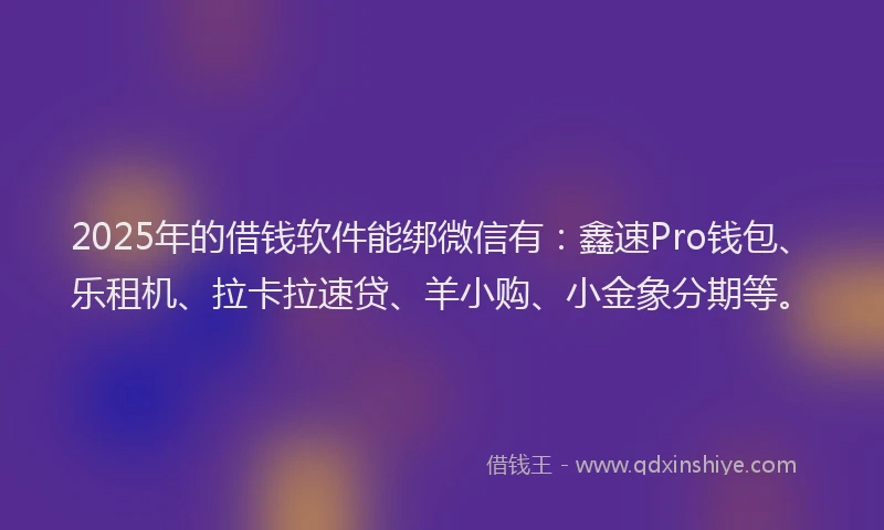 2025年的借钱软件能绑微信有：鑫速Pro钱包、乐租机、拉卡拉速贷、羊小购、小金象分期等。
