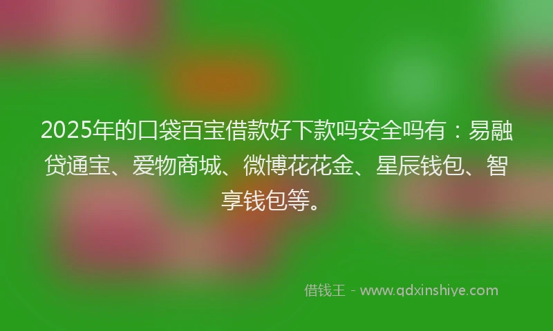2025年的口袋百宝借款好下款吗安全吗有：易融贷通宝、爱物商城、微博花花金、星辰钱包、智享钱包等。