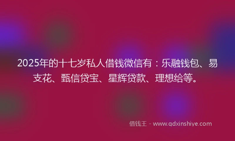 2025年的十七岁私人借钱微信有：乐融钱包、易支花、甄信贷宝、星辉贷款、理想给等。
