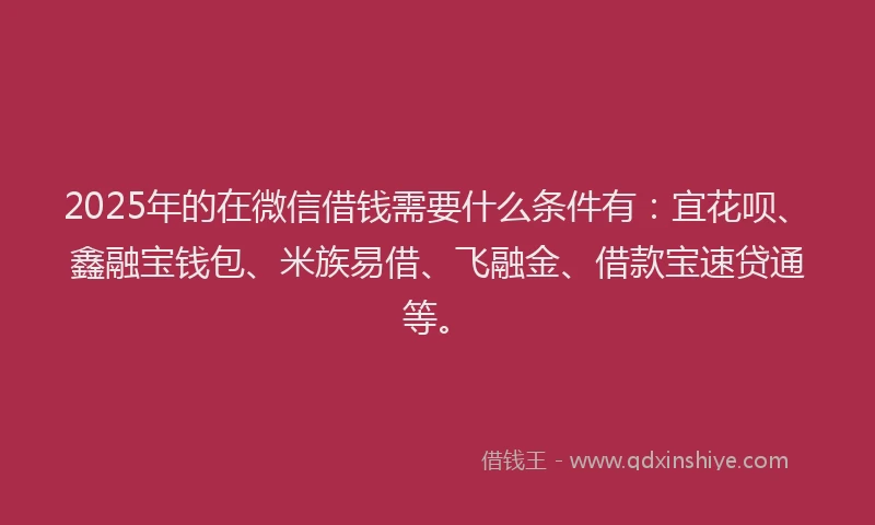 2025年的在微信借钱需要什么条件有：宜花呗、鑫融宝钱包、米族易借、飞融金、借款宝速贷通等。