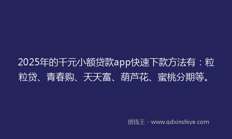 2025年的千元小额贷款app快速下款方法有：粒粒贷、青春购、天天富、葫芦花、蜜桃分期等。