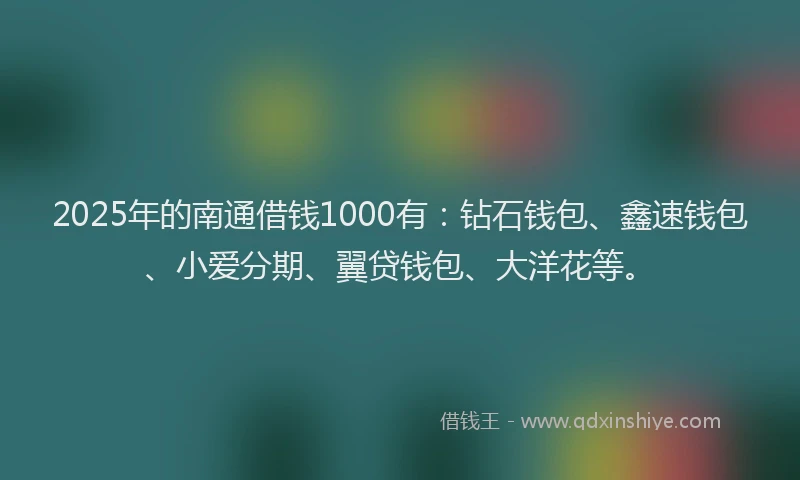 2025年的南通借钱1000有：钻石钱包、鑫速钱包、小爱分期、翼贷钱包、大洋花等。