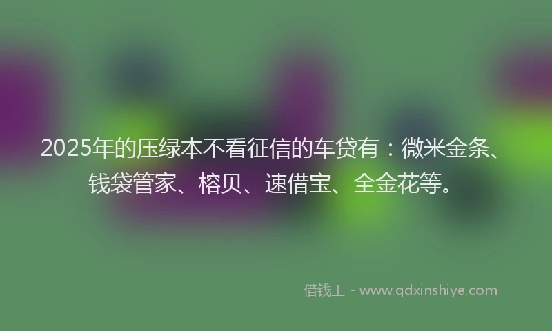 2025年的压绿本不看征信的车贷有：微米金条、钱袋管家、榕贝、速借宝、全金花等。