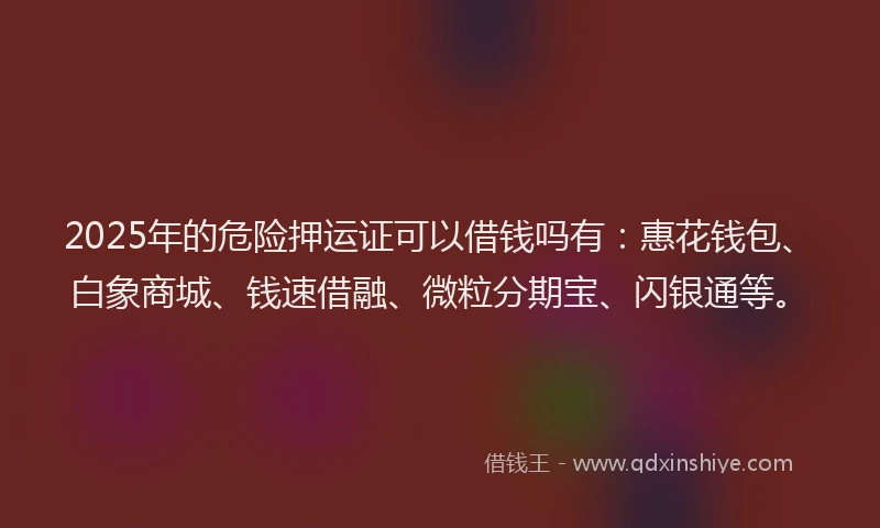 2025年的危险押运证可以借钱吗有：惠花钱包、白象商城、钱速借融、微粒分期宝、闪银通等。