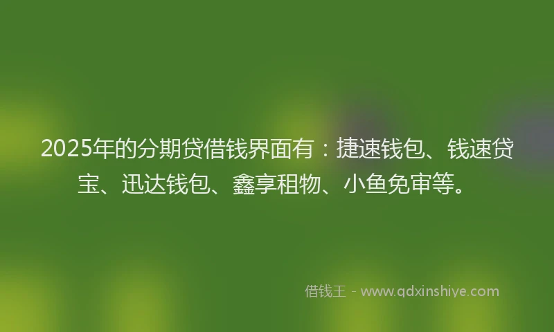 2025年的分期贷借钱界面有：捷速钱包、钱速贷宝、迅达钱包、鑫享租物、小鱼免审等。