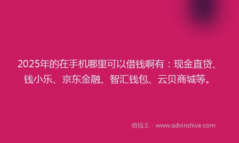2025年的在手机哪里可以借钱啊有：现金直贷、钱小乐、京东金融、智汇钱包、云贝商城等。