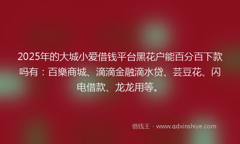 2025年的大城小爱借钱平台黑花户能百分百下款吗有：百樂商城、滴滴金融滴水贷、芸豆花、闪电借款、龙龙用等。