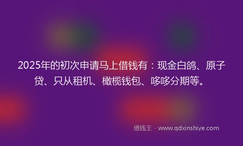 2025年的初次申请马上借钱有：现金白鸽、原子贷、只从租机、橄榄钱包、哆哆分期等。