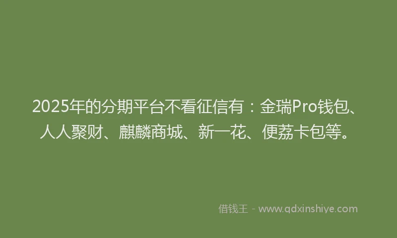 2025年的分期平台不看征信有：金瑞Pro钱包、人人聚财、麒麟商城、新一花、便荔卡包等。
