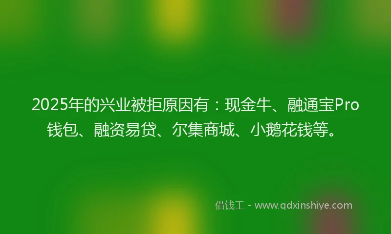 2025年的兴业被拒原因有：现金牛、融通宝Pro钱包、融资易贷、尔集商城、小鹅花钱等。