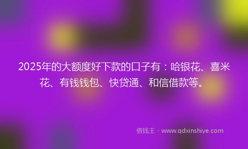 2025年的大额度好下款的口子有：哈银花、喜米花、有钱钱包、快贷通、和信借款等。