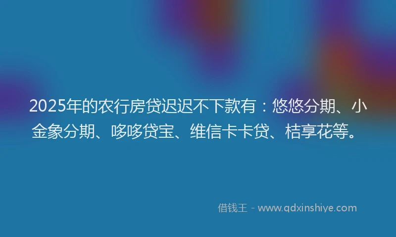 2025年的农行房贷迟迟不下款有：悠悠分期、小金象分期、哆哆贷宝、维信卡卡贷、桔享花等。