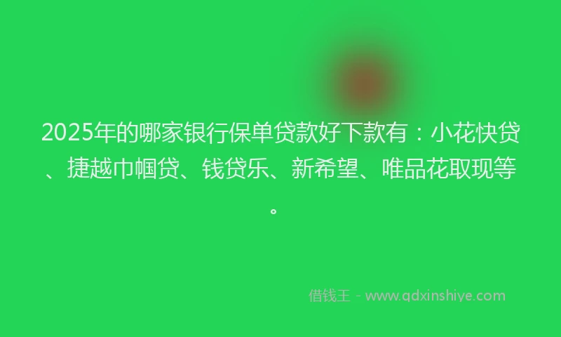 2025年的哪家银行保单贷款好下款有：小花快贷、捷越巾帼贷、钱贷乐、新希望、唯品花取现等。