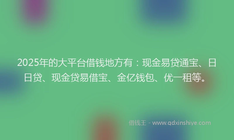 2025年的大平台借钱地方有：现金易贷通宝、日日贷、现金贷易借宝、金亿钱包、优一租等。