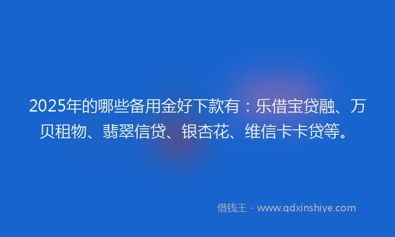 2025年的哪些备用金好下款有：乐借宝贷融、万贝租物、翡翠信贷、银杏花、维信卡卡贷等。
