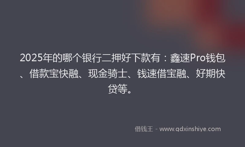 2025年的哪个银行二押好下款有：鑫速Pro钱包、借款宝快融、现金骑士、钱速借宝融、好期快贷等。