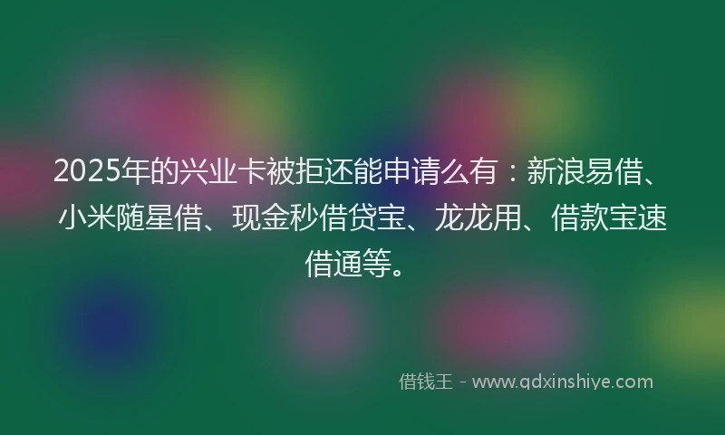 2025年的兴业卡被拒还能申请么有：新浪易借、小米随星借、现金秒借贷宝、龙龙用、借款宝速借通等。
