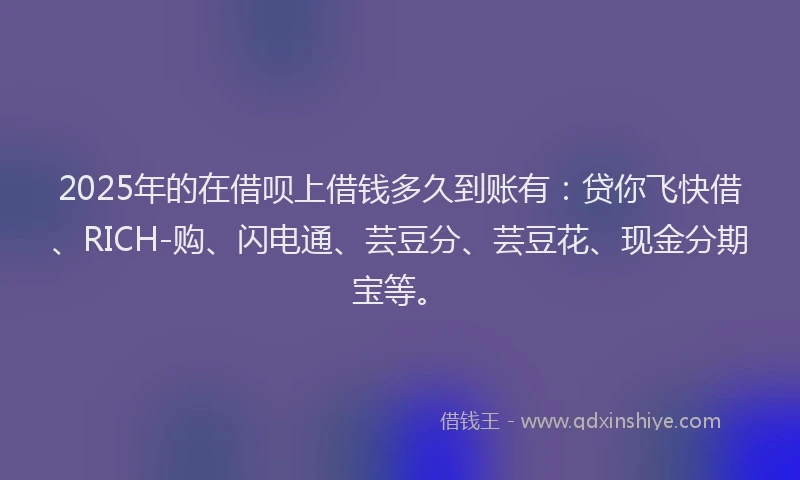 2025年的在借呗上借钱多久到账有：贷你飞快借、RICH-购、闪电通、芸豆分、芸豆花、现金分期宝等。