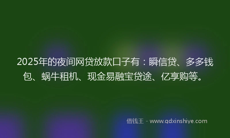 2025年的夜间网贷放款口子有：瞬信贷、多多钱包、蜗牛租机、现金易融宝贷途、亿享购等。