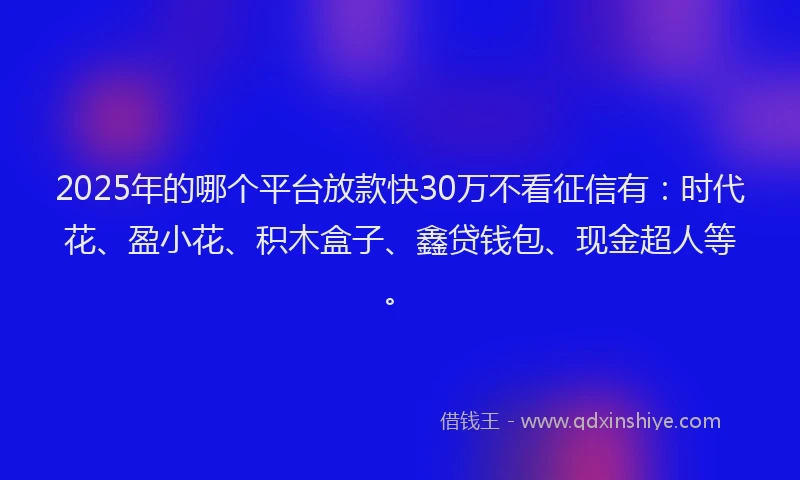 2025年的哪个平台放款快30万不看征信有：时代花、盈小花、积木盒子、鑫贷钱包、现金超人等。