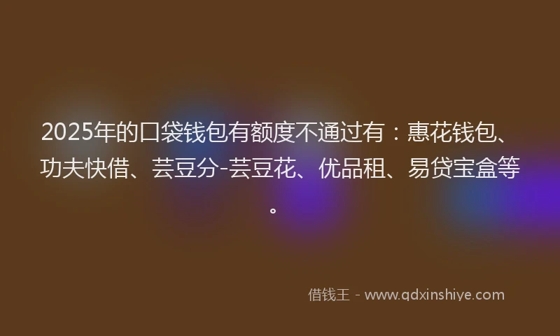 2025年的口袋钱包有额度不通过有：惠花钱包、功夫快借、芸豆分-芸豆花、优品租、易贷宝盒等。