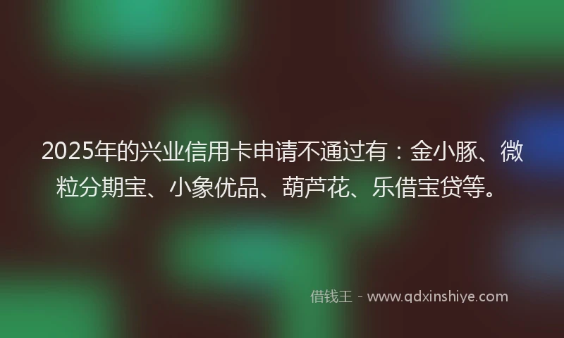 2025年的兴业信用卡申请不通过有：金小豚、微粒分期宝、小象优品、葫芦花、乐借宝贷等。