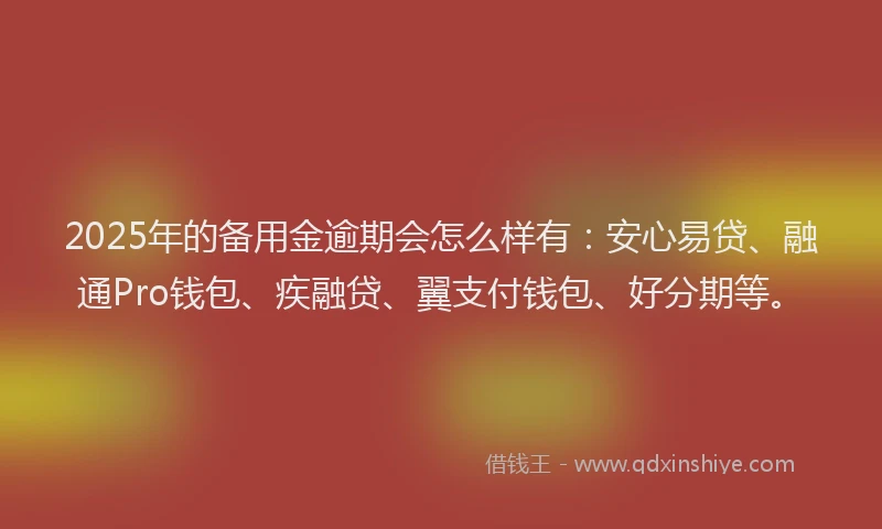 2025年的备用金逾期会怎么样有：安心易贷、融通Pro钱包、疾融贷、翼支付钱包、好分期等。