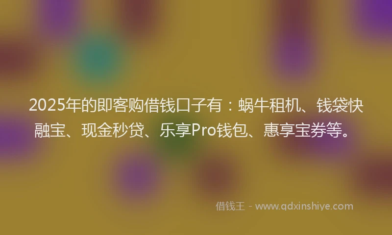 2025年的即客购借钱口子有：蜗牛租机、钱袋快融宝、现金秒贷、乐享Pro钱包、惠享宝券等。
