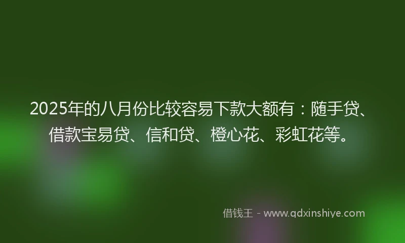 2025年的八月份比较容易下款大额有：随手贷、借款宝易贷、信和贷、橙心花、彩虹花等。