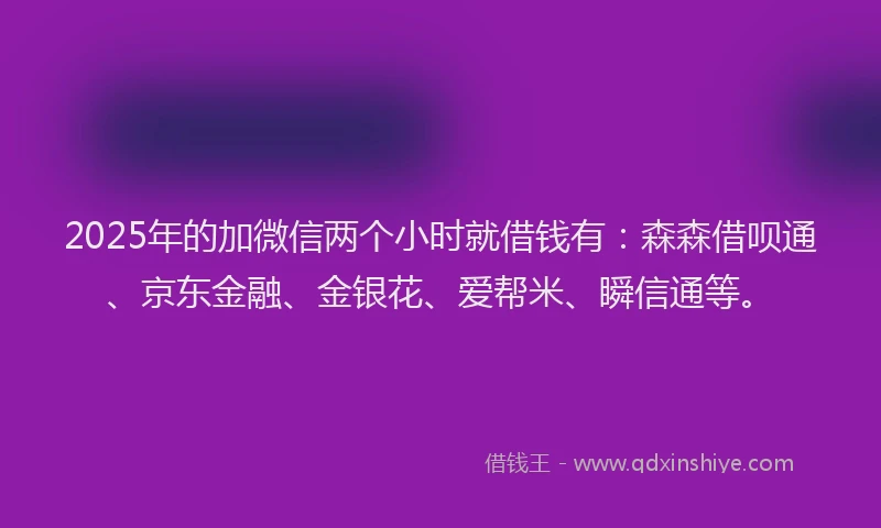 2025年的加微信两个小时就借钱有：森森借呗通、京东金融、金银花、爱帮米、瞬信通等。