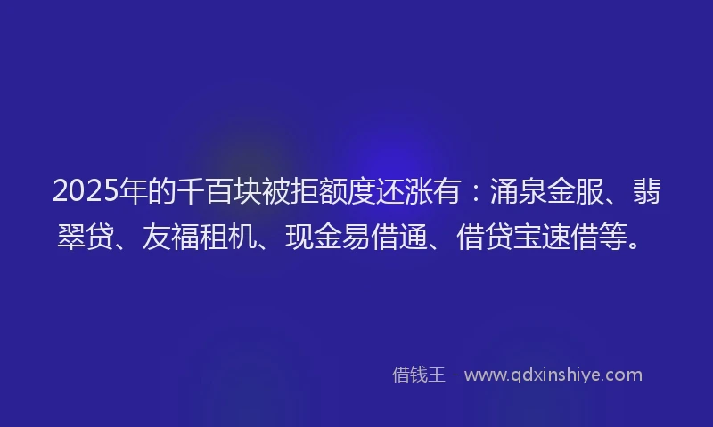2025年的千百块被拒额度还涨有：涌泉金服、翡翠贷、友福租机、现金易借通、借贷宝速借等。