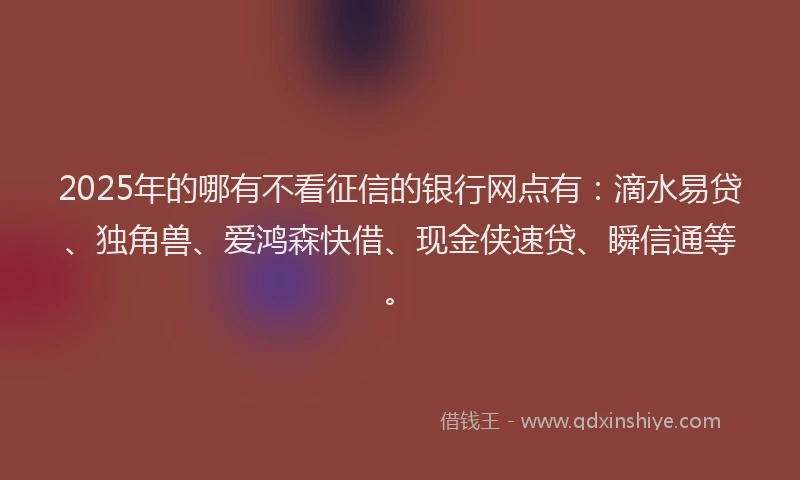 2025年的哪有不看征信的银行网点有：滴水易贷、独角兽、爱鸿森快借、现金侠速贷、瞬信通等。