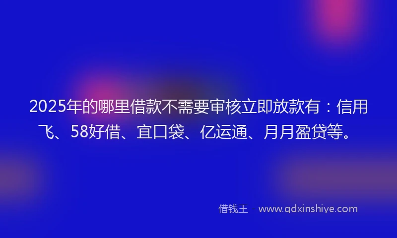 2025年的哪里借款不需要审核立即放款有：信用飞、58好借、宜口袋、亿运通、月月盈贷等。