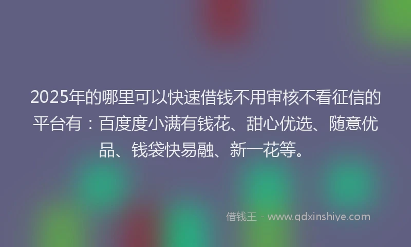 2025年的哪里可以快速借钱不用审核不看征信的平台有：百度度小满有钱花、甜心优选、随意优品、钱袋快易融、新一花等。