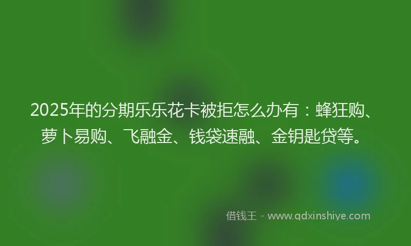 2025年的分期乐乐花卡被拒怎么办有：蜂狂购、萝卜易购、飞融金、钱袋速融、金钥匙贷等。