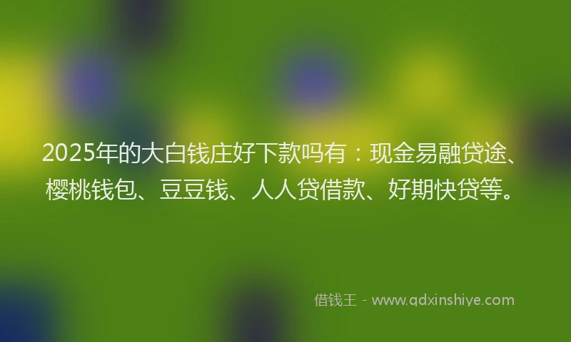 2025年的大白钱庄好下款吗有：现金易融贷途、樱桃钱包、豆豆钱、人人贷借款、好期快贷等。
