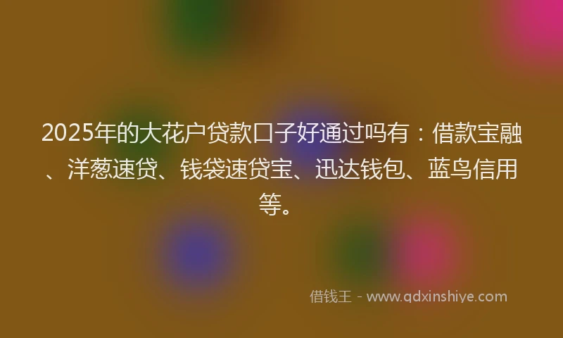 2025年的大花户贷款口子好通过吗有：借款宝融、洋葱速贷、钱袋速贷宝、迅达钱包、蓝鸟信用等。