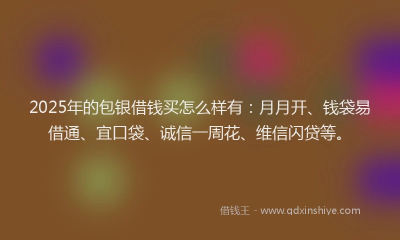2025年的包银借钱买怎么样有：月月开、钱袋易借通、宜口袋、诚信一周花、维信闪贷等。
