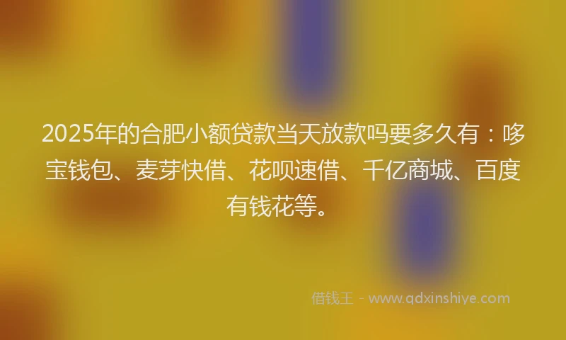 2025年的合肥小额贷款当天放款吗要多久有：哆宝钱包、麦芽快借、花呗速借、千亿商城、百度有钱花等。