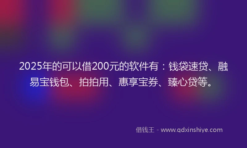 2025年的可以借200元的软件有：钱袋速贷、融易宝钱包、拍拍用、惠享宝券、臻心贷等。