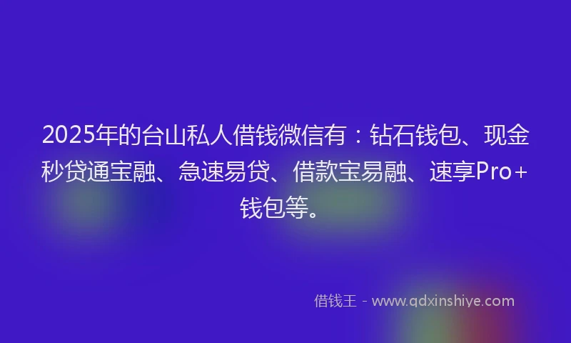 2025年的台山私人借钱微信有：钻石钱包、现金秒贷通宝融、急速易贷、借款宝易融、速享Pro+钱包等。