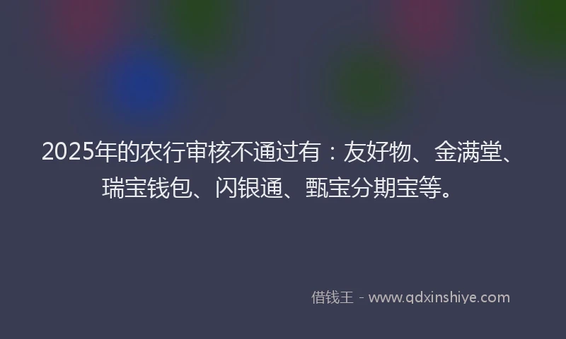 2025年的农行审核不通过有：友好物、金满堂、瑞宝钱包、闪银通、甄宝分期宝等。