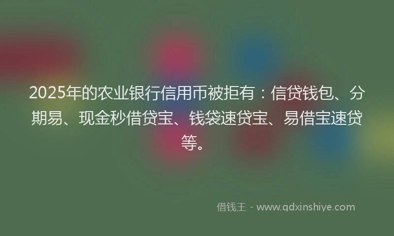 2025年的农业银行信用币被拒有：信贷钱包、分期易、现金秒借贷宝、钱袋速贷宝、易借宝速贷等。