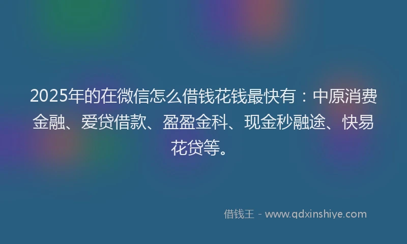2025年的在微信怎么借钱花钱最快有：中原消费金融、爱贷借款、盈盈金科、现金秒融途、快易花贷等。