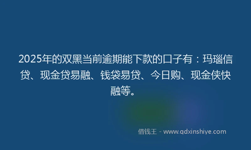 2025年的双黑当前逾期能下款的口子有：玛瑙信贷、现金贷易融、钱袋易贷、今日购、现金侠快融等。