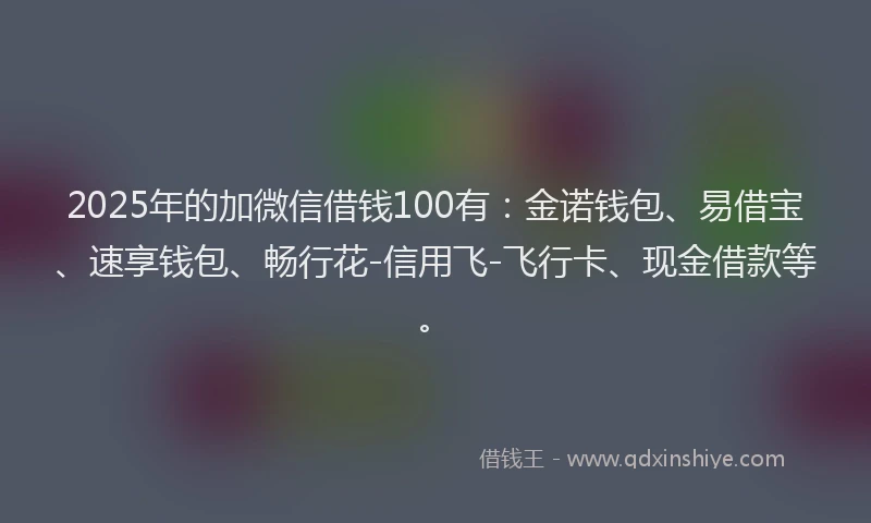 2025年的加微信借钱100有：金诺钱包、易借宝、速享钱包、畅行花-信用飞-飞行卡、现金借款等。