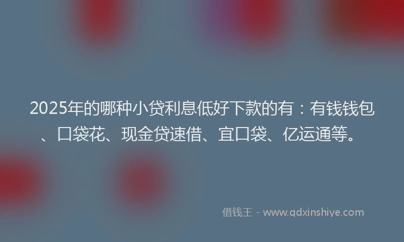 2025年的哪种小贷利息低好下款的有：有钱钱包、口袋花、现金贷速借、宜口袋、亿运通等。